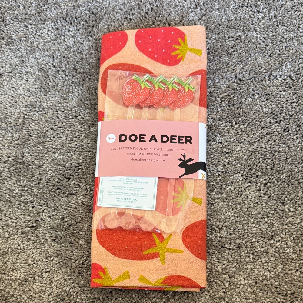 Doe A Deer Strawberry Flour Sack Towel and Strawberry Drink stirrers